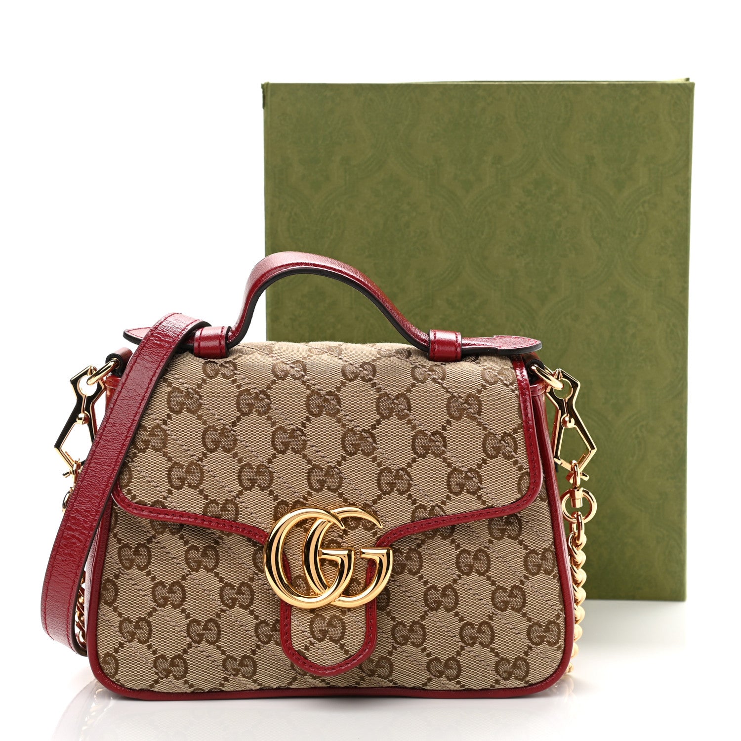 Gucci Monogram Glazed Calfskin Matelasse Diagonal Mini GG Marmont Top Handle Shoulder Bag Beige Ebony New Cherry Red 12 of 12