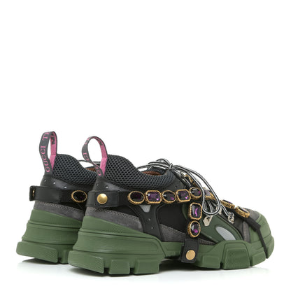 Gucci X SEGA Mesh Suede Calfskin Removable Crystals Mens Flashtrek Sneakers 7 Loess Black Olive Green 5 of 14