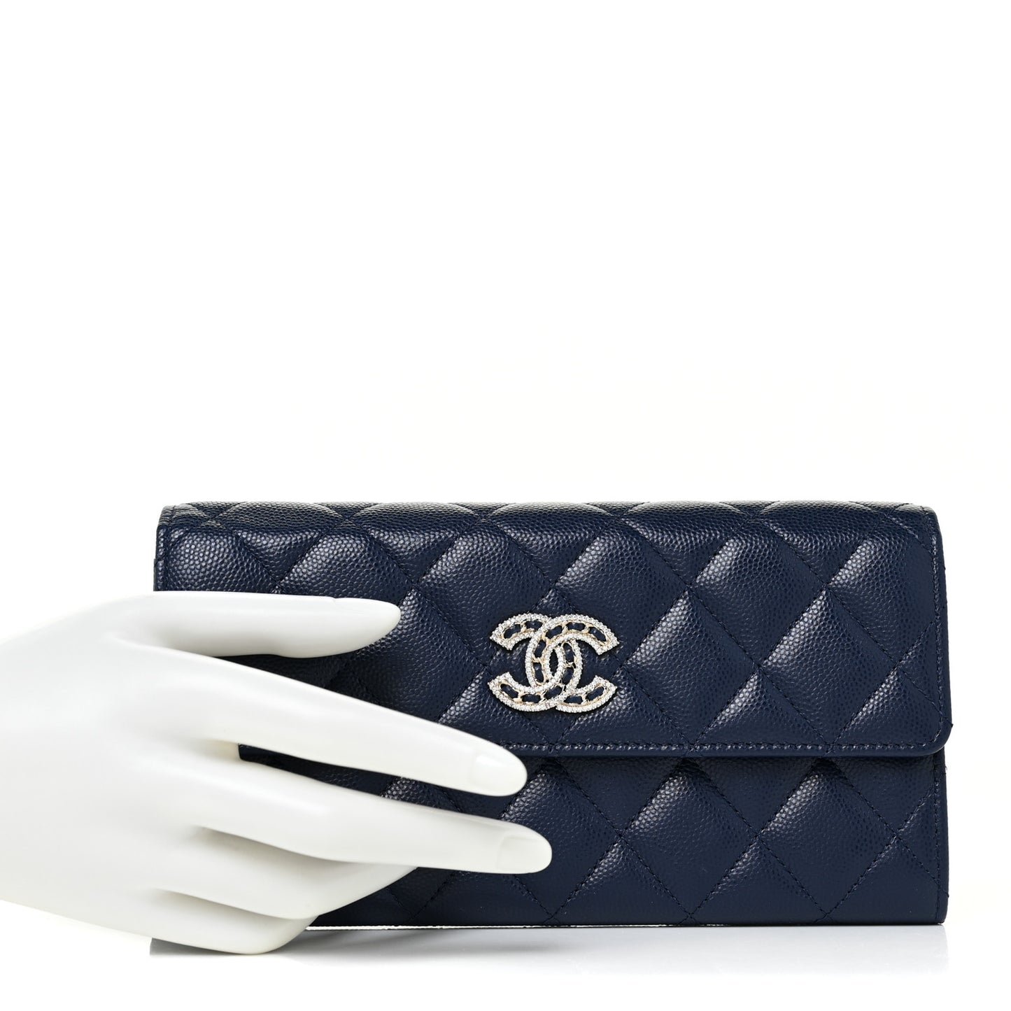 Caviar Quilted Crystal Long Flap Wallet Navy Blue
