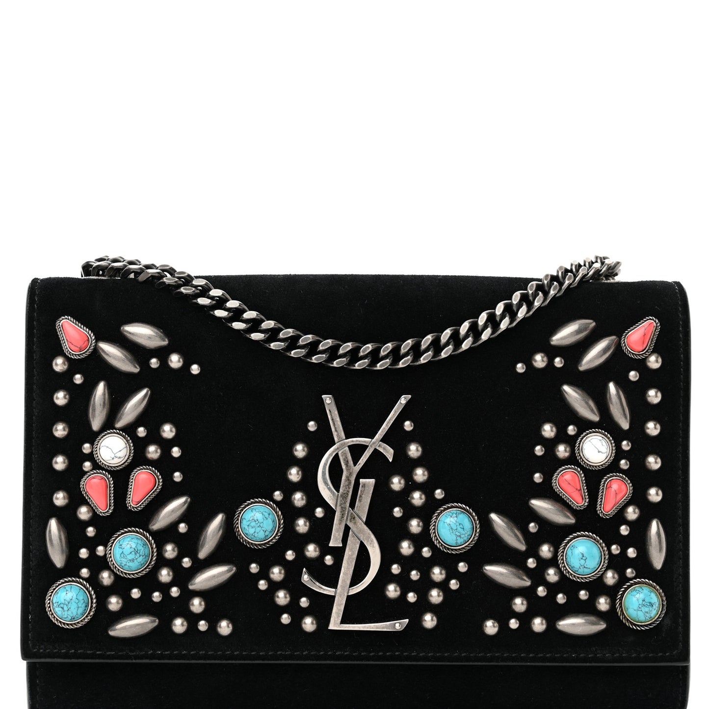 Suede Small Monogram Stone Studded Kate Satchel Black Turquoise Coral