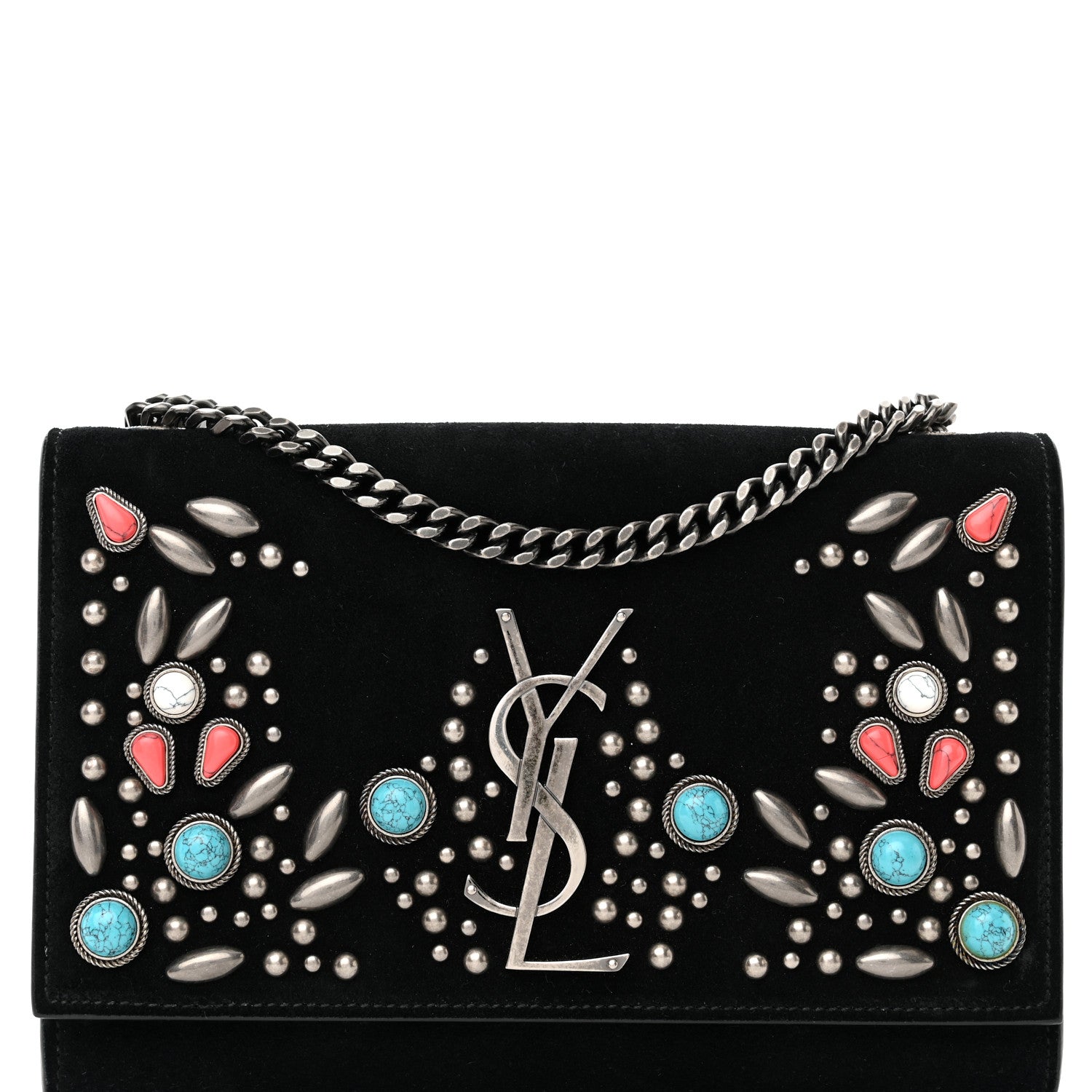 Saint Laurent Suede Small Monogram Stone Studded Kate Satchel Black Turquoise Coral 8 of 17