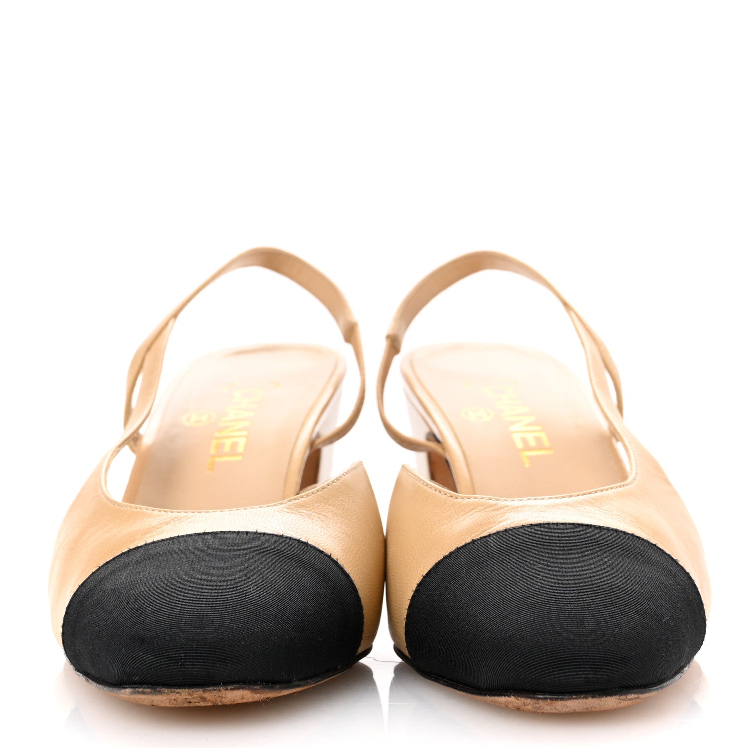 Chanel Goatskin Grosgrain Cap Toe CC Slingback Pumps 39 Beige Black 2 of 9