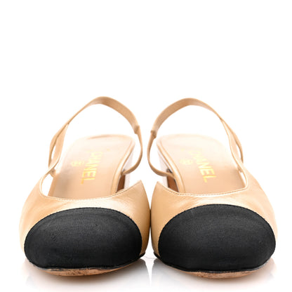 Chanel Goatskin Grosgrain Cap Toe CC Slingback Pumps 39 Beige Black 2 of 9