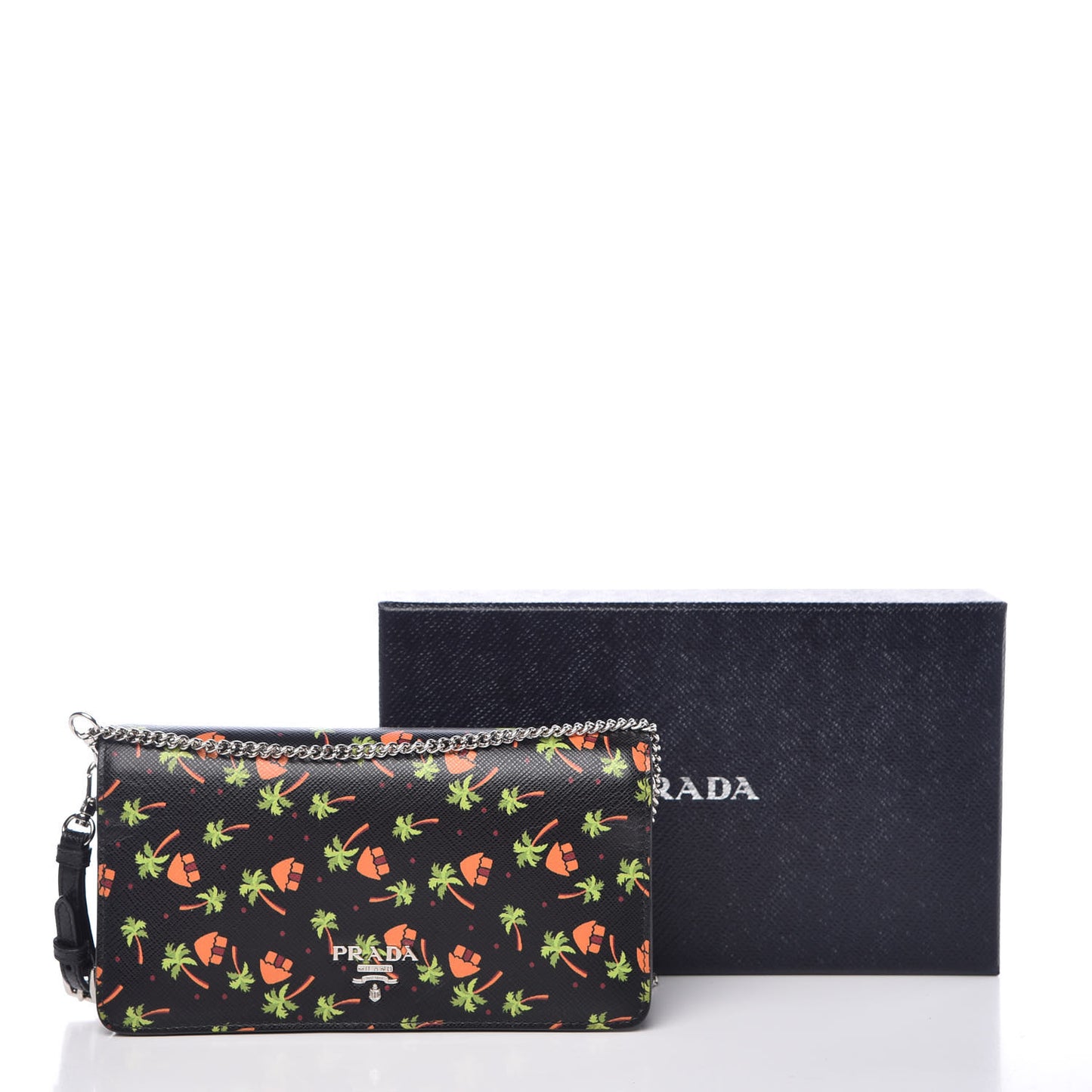 Saffiano Palm Tree Print Chain Wallet Black