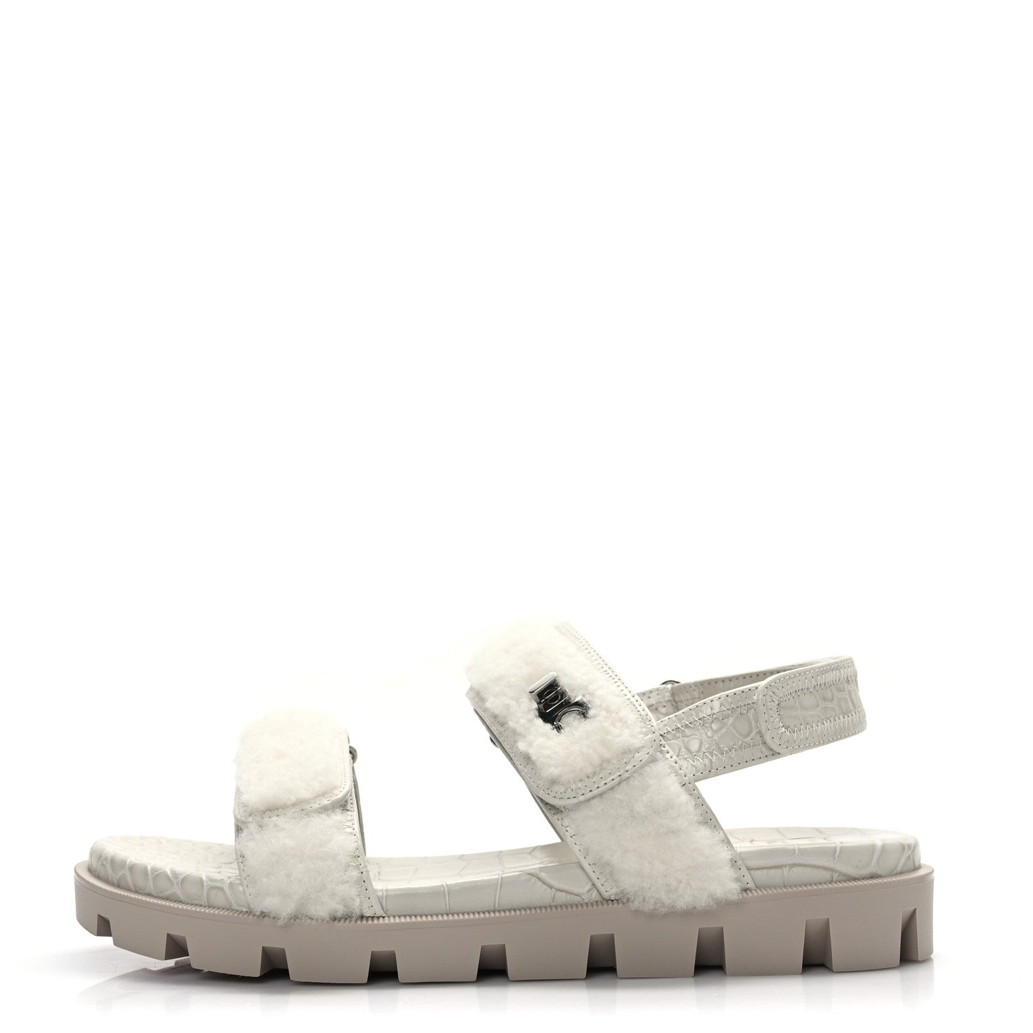 Christian Louboutin Calfskin Crocodile Embossed Lock Wool Flat Sandals 39.5 White 1 of 7