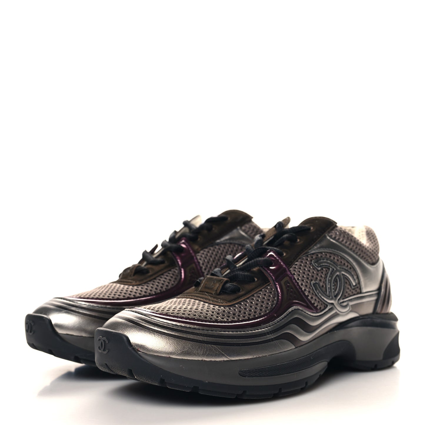 Fabric Laminated Calfskin Stretch CC Womens Sneakers 37 Khaki Silver Dark Purple