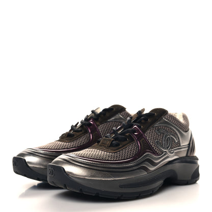 Chanel Fabric Laminated Calfskin Stretch CC Womens Sneakers 37 Khaki Silver Dark Purple 3 of 8