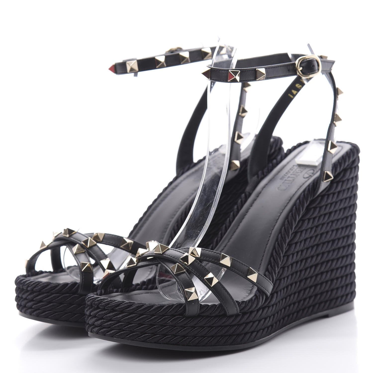 Valentino Garavani Calfskin Rockstud Ankle Strap Torchon Espadrille 25/95mm Wedge Sandals 40 Black 3 of 10