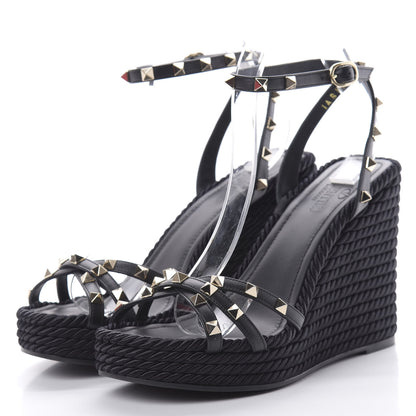 Valentino Garavani Calfskin Rockstud Ankle Strap Torchon Espadrille 25/95mm Wedge Sandals 40 Black 3 of 10