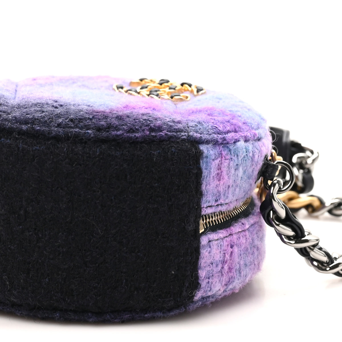 Chanel Wool Tweed Chanel 19 Round Clutch With Chain Purple Black Blue 9 of 9