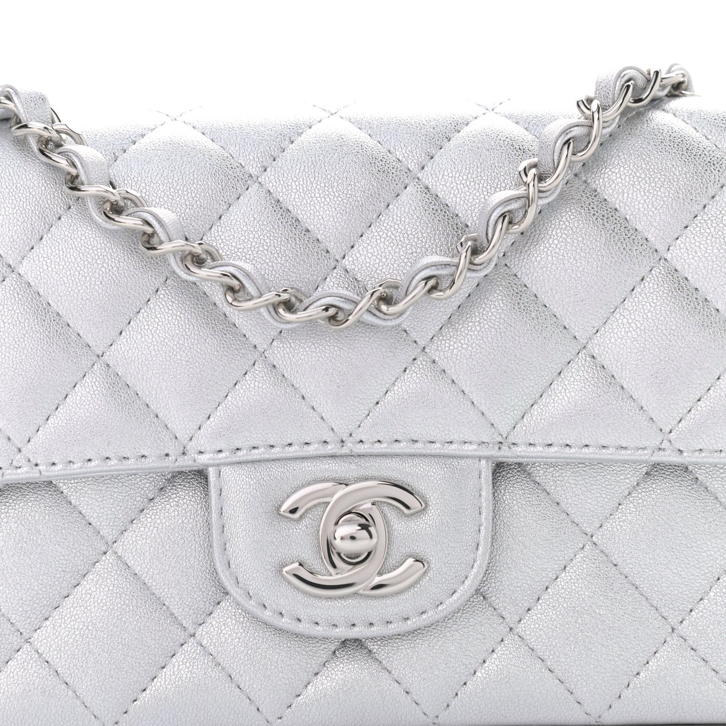 Metallic Lambskin Quilted Mini Rectangular Flap Silver