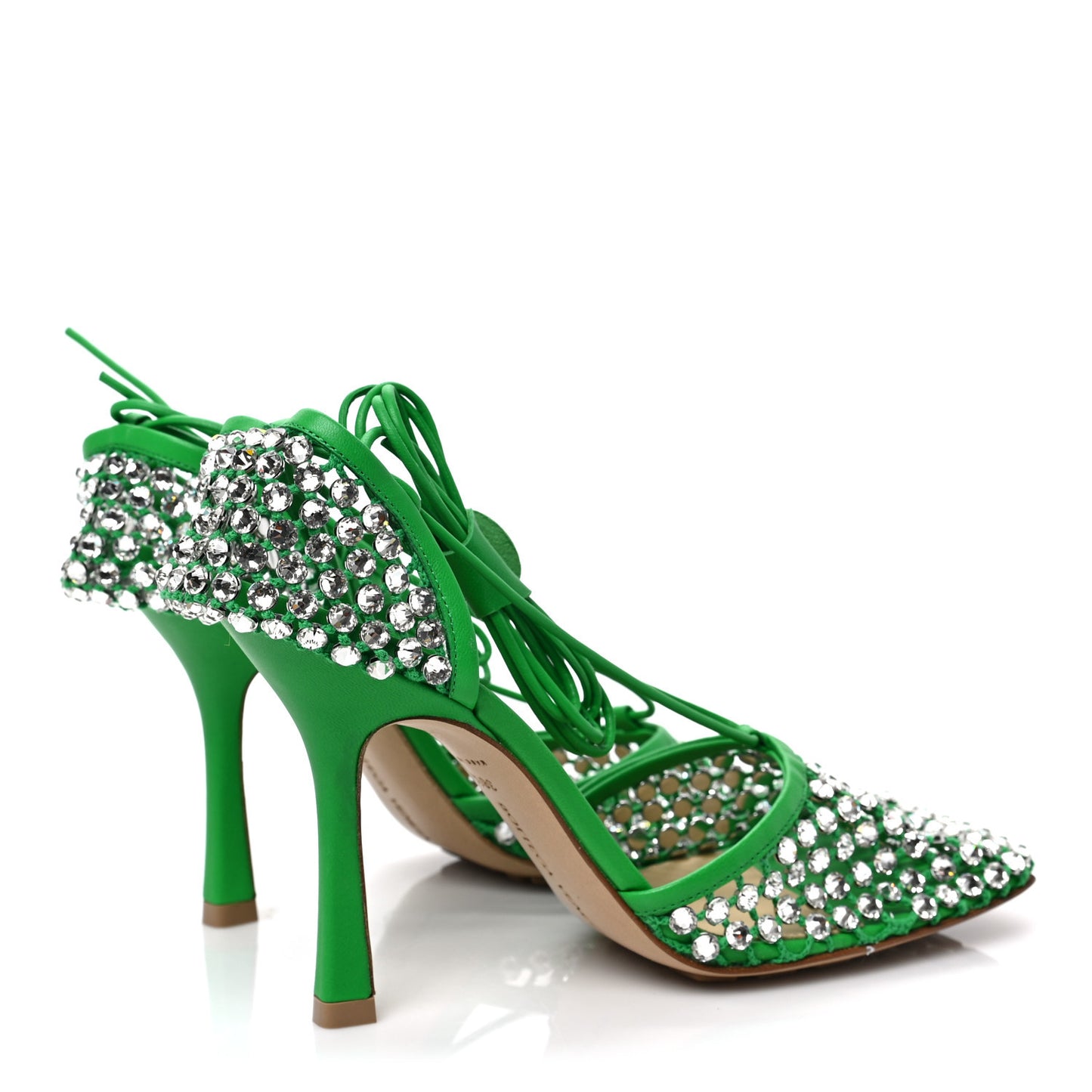 Mesh Nappa Crystal Embellished Sparkle Stretch Ankle Tie Sandals 38.5 Parakeet