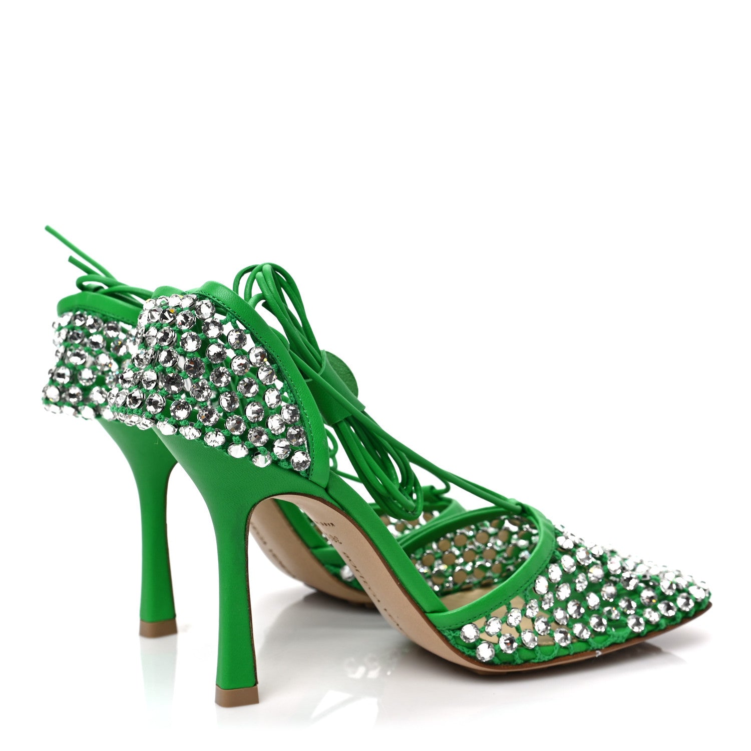 Bottega Veneta Mesh Nappa Crystal Embellished Sparkle Stretch Ankle Tie Sandals 38.5 Parakeet 3 of 7