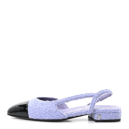 Chanel Iridescent Wool Tweed Patent Cap Toe CC Slingback Flats 36 Light Purple Silver Black 1 of 9