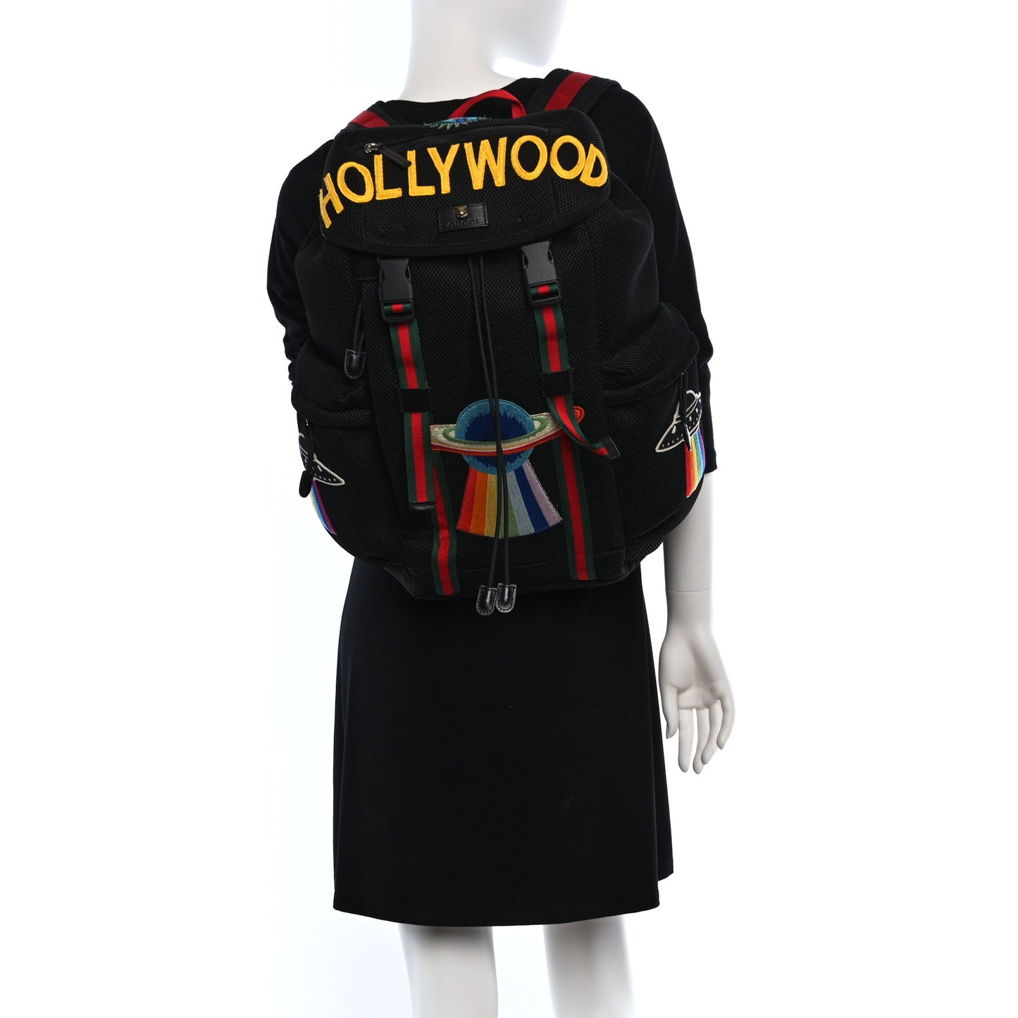 Mesh Web Hollywood Embroidered Double Buckle Backpack Black Multicolor