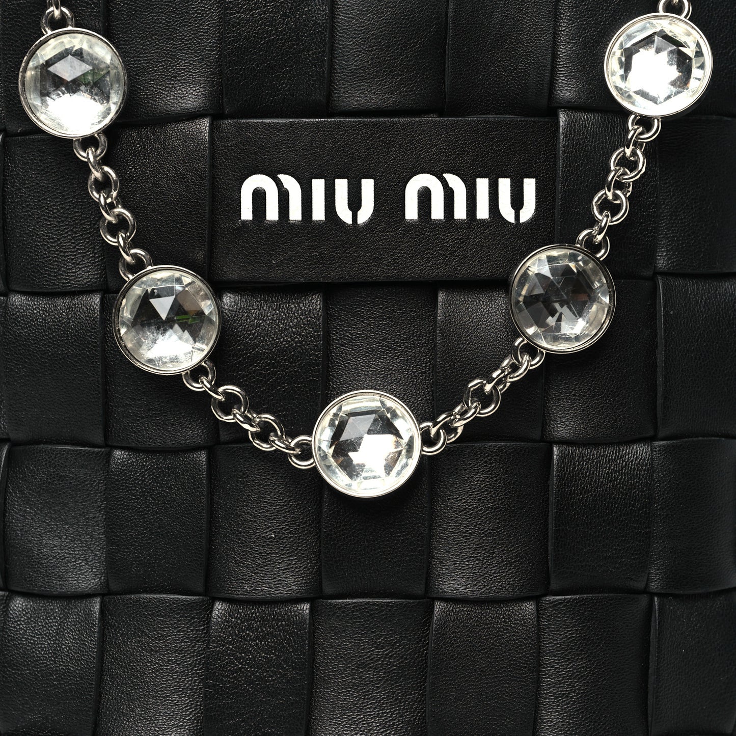 Nappa Woven Crystal Chain Bucket Bag Black