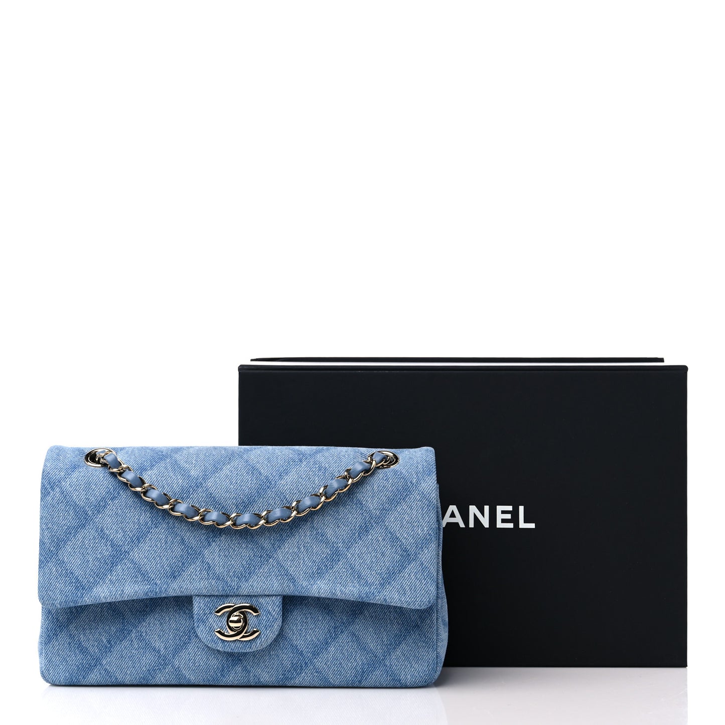 Printed Denim Quilted Medium Double Flap Light Blue