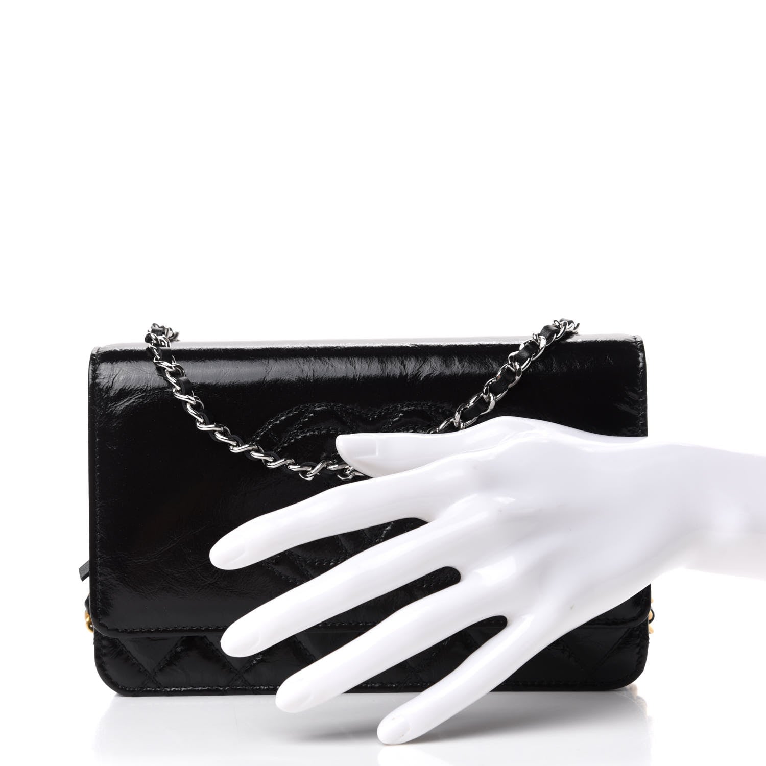 Chanel Shiny Aged Calfskin Quilted CC Wallet On Chain WOC Black 2 of 8