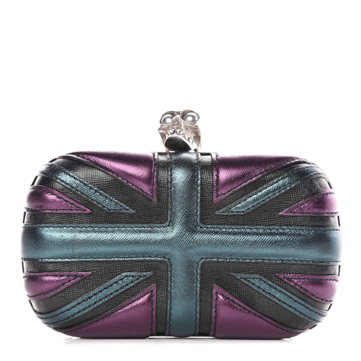 Alexander McQueen Metallic Saffiano Britannia Skull Box Clutch Green Black Purple 1 of 9