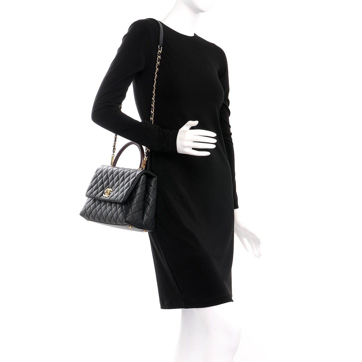 Caviar Lizard Quilted Small Coco Handle Flap Black