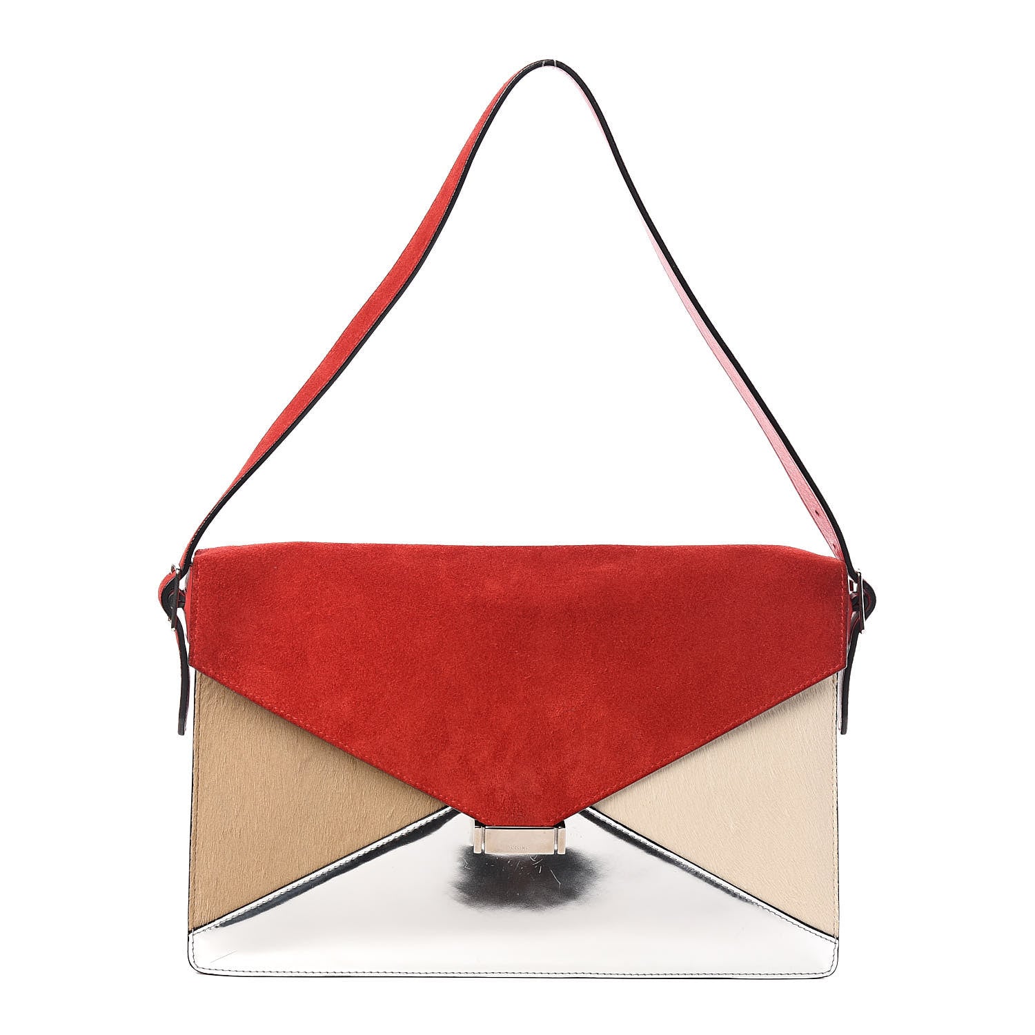 Celine Suede Calfskin Pony Hair Medium Tri-Color Diamond Shoulder Bag Red 1 of 12