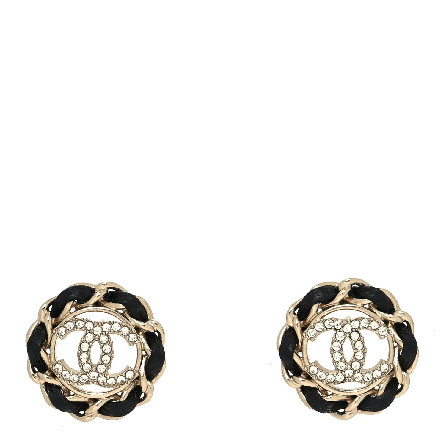 Chanel Crystal Lambskin Chain CC Stud Earrings Black Gold 1 of 4