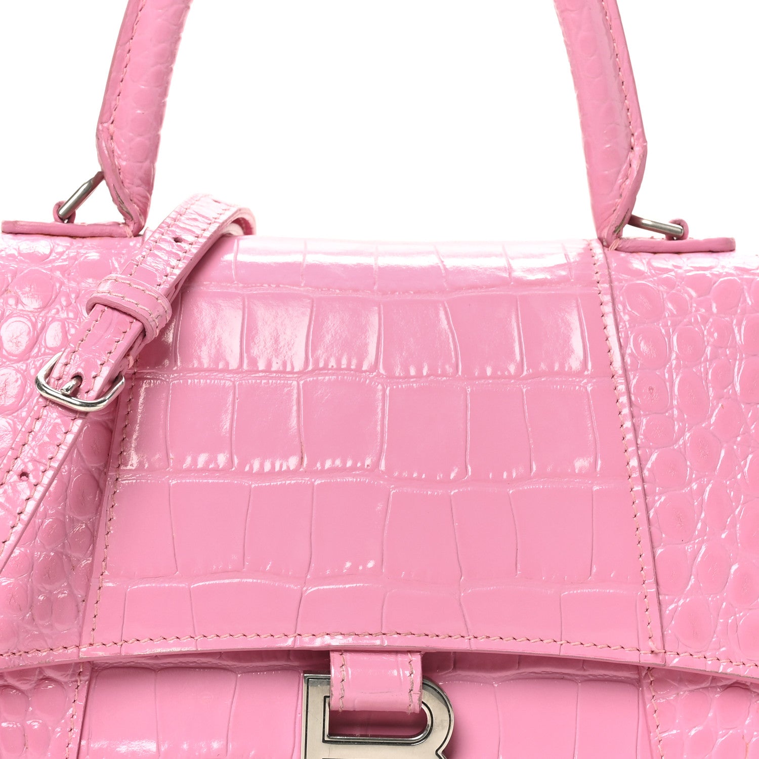 Balenciaga Shiny Calfskin Crocodile Embossed Small Hourglass Top Handle Bag Candy Pink 8 of 11
