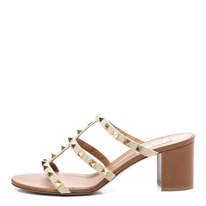 Valentino Garavani Raffia Calfskin Rockstud 60mm Caged Slide Sandals 40 Naturale 1 of 11