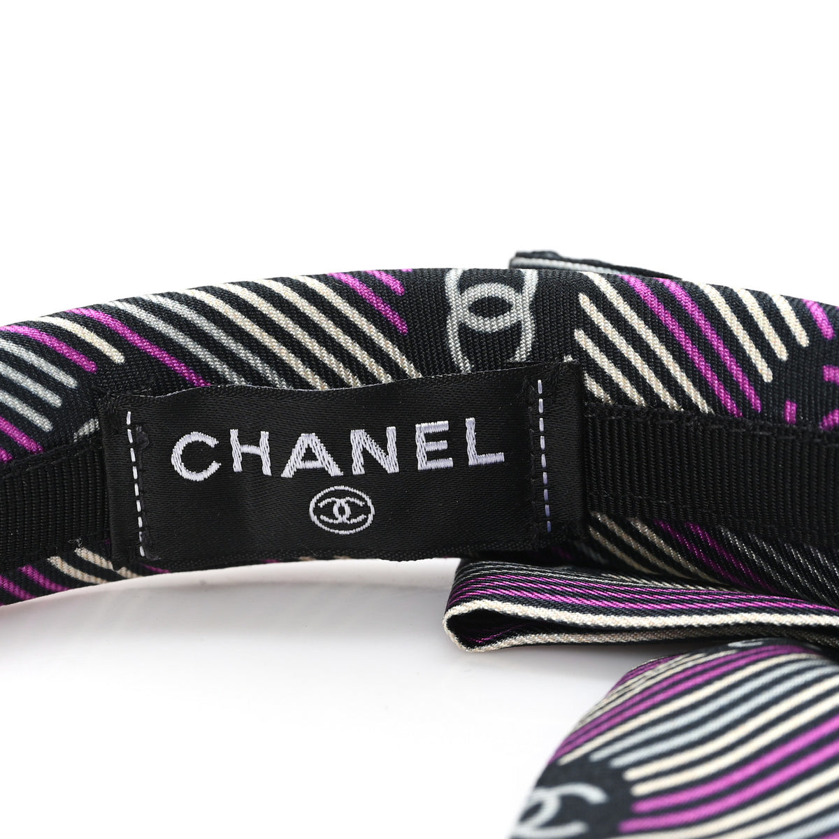 Silk Striped Bow CC Headband Black Fuchsia Grey Ecru