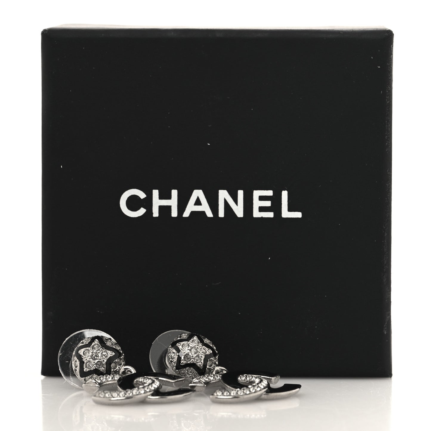 Crystal Enamel CC Star Drop Earrings Silver Black