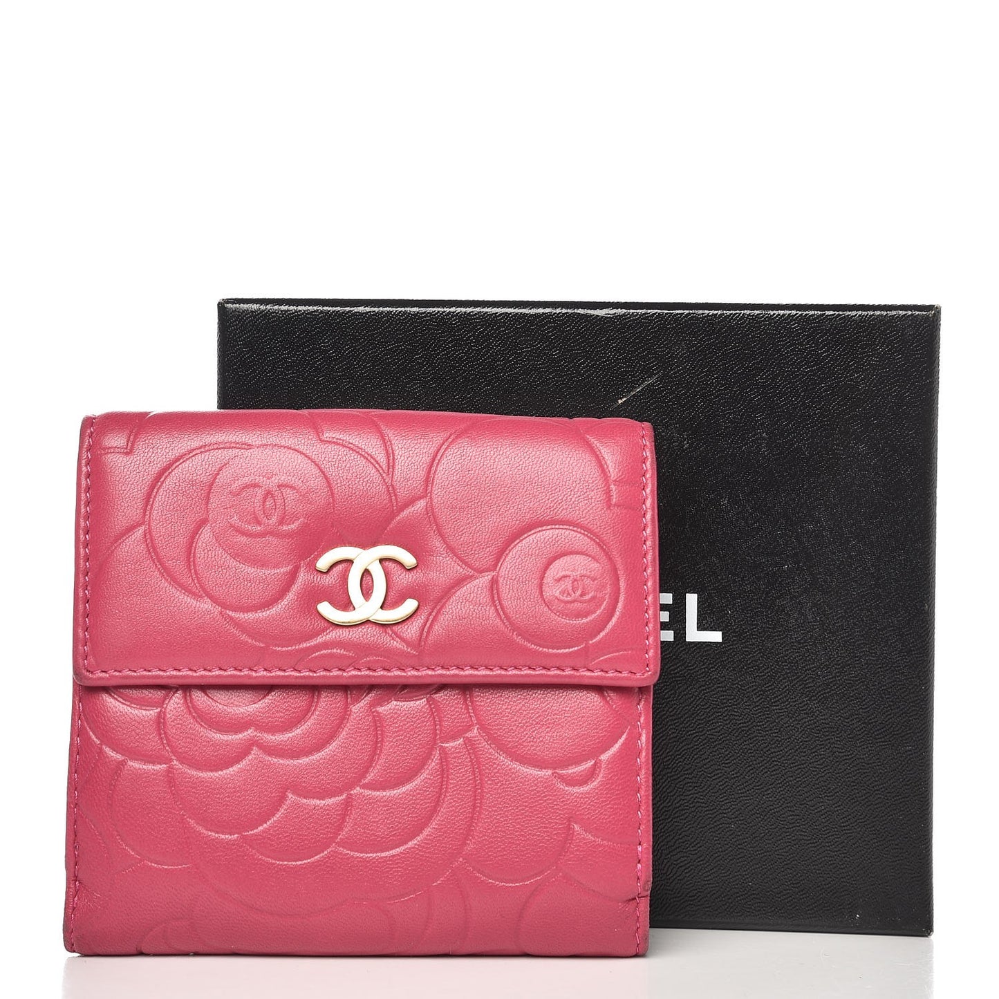 Lambskin Embossed Camellia French Wallet Fuchsia