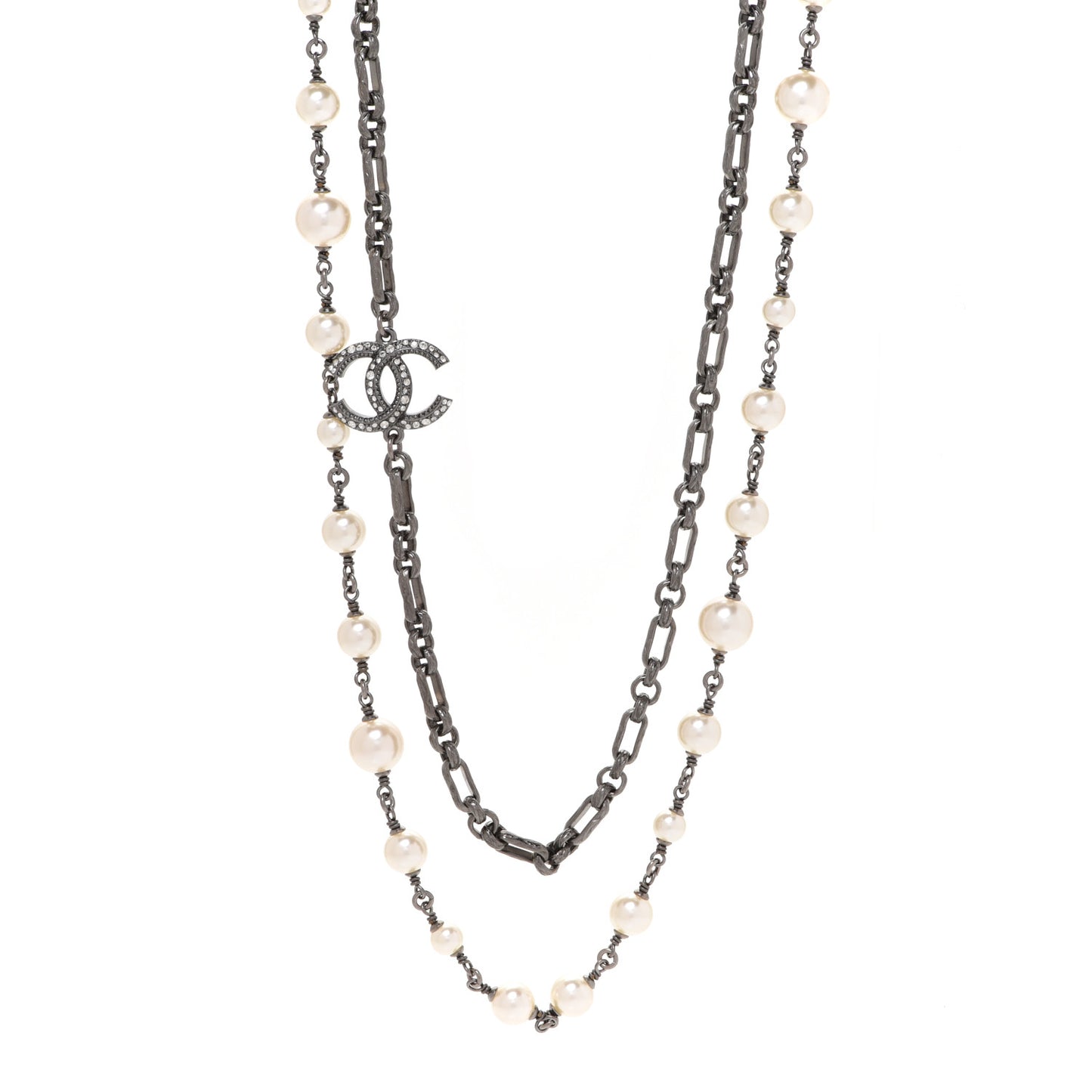 Graduated Pearl Crystal Multi Strand CC Long Necklace Silver