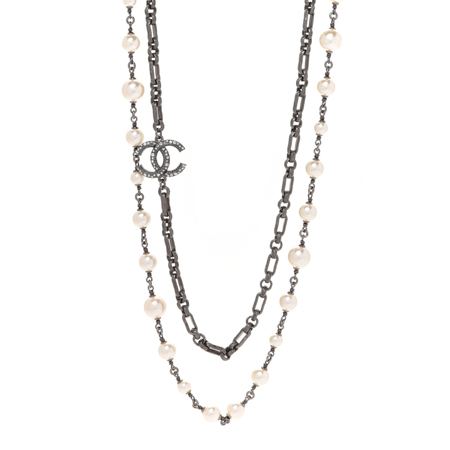 Chanel Graduated Pearl Crystal Multi Strand CC Long Necklace Silver 1 of 5