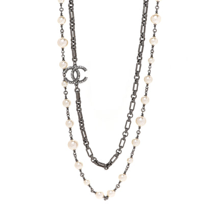 Chanel Graduated Pearl Crystal Multi Strand CC Long Necklace Silver 1 of 5