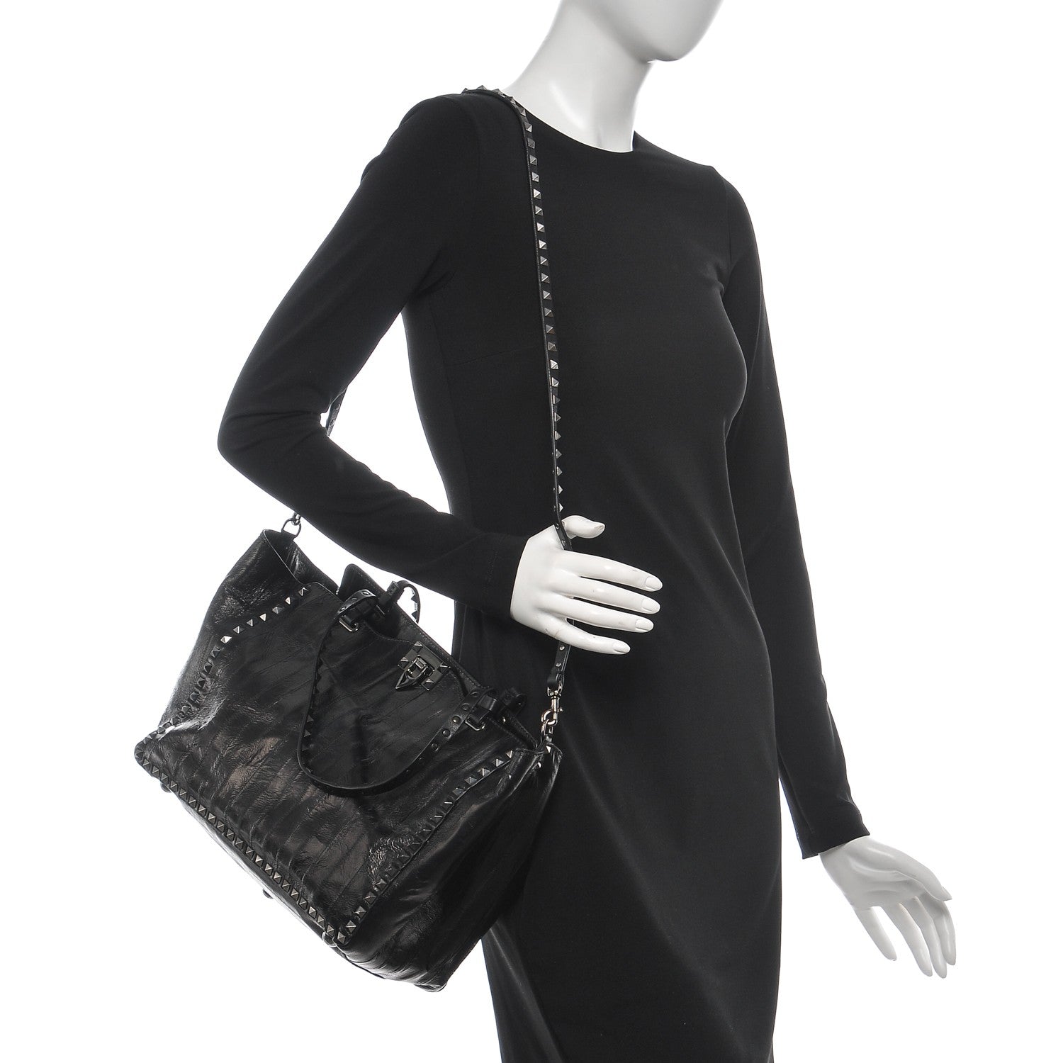 Valentino Garavani Eel Skin Medium Rockstud Tote Black 2 of 7