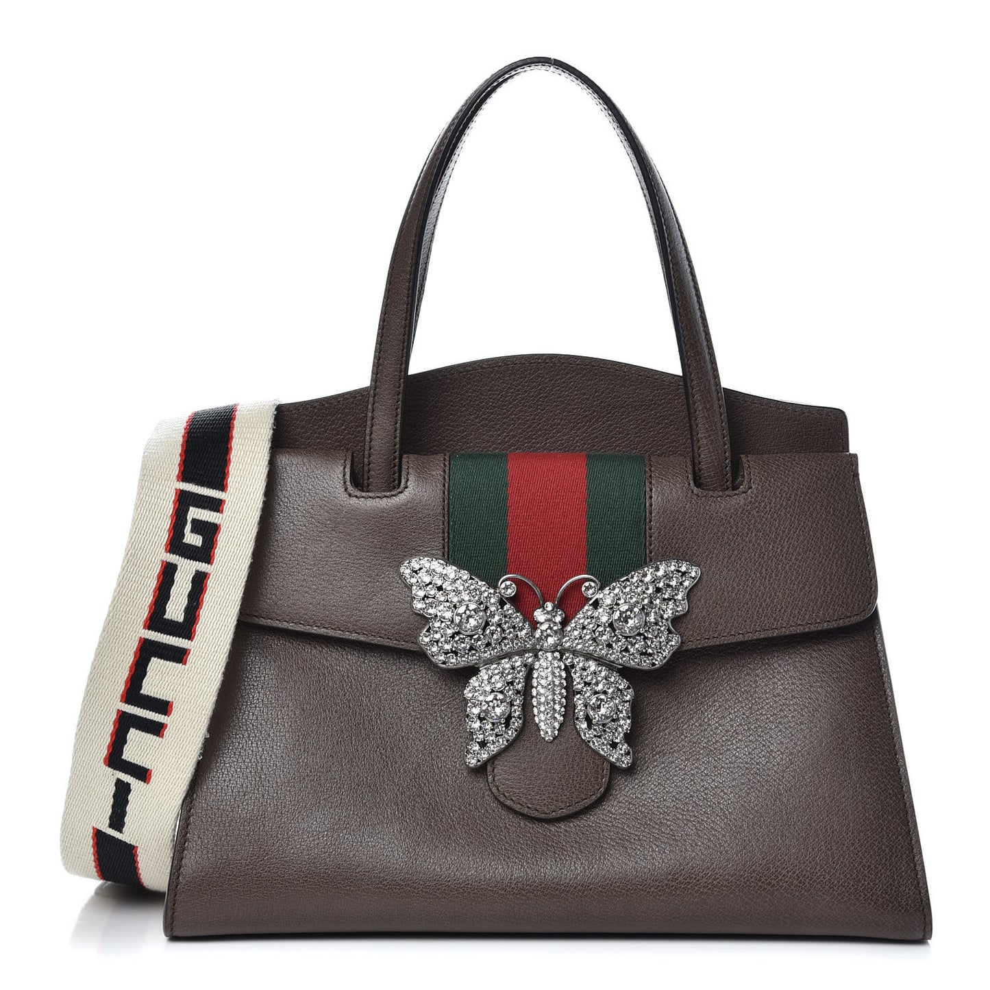 Textured Calfskin Web Crystal Butterfly Stripe Medium Totem Top Handle Bag New Acero