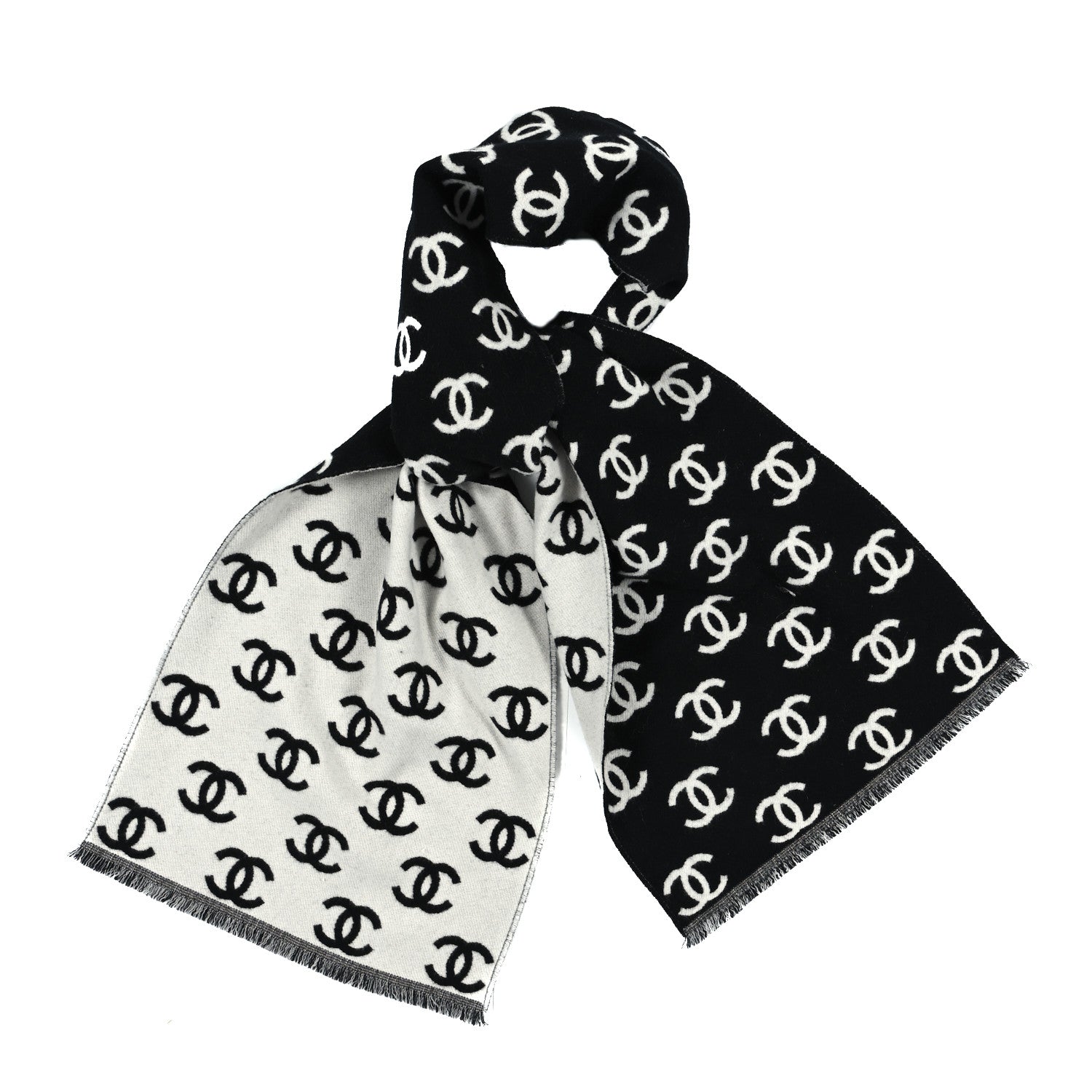 Chanel Wool Cashmere CC Scarf Black White 1 of 3