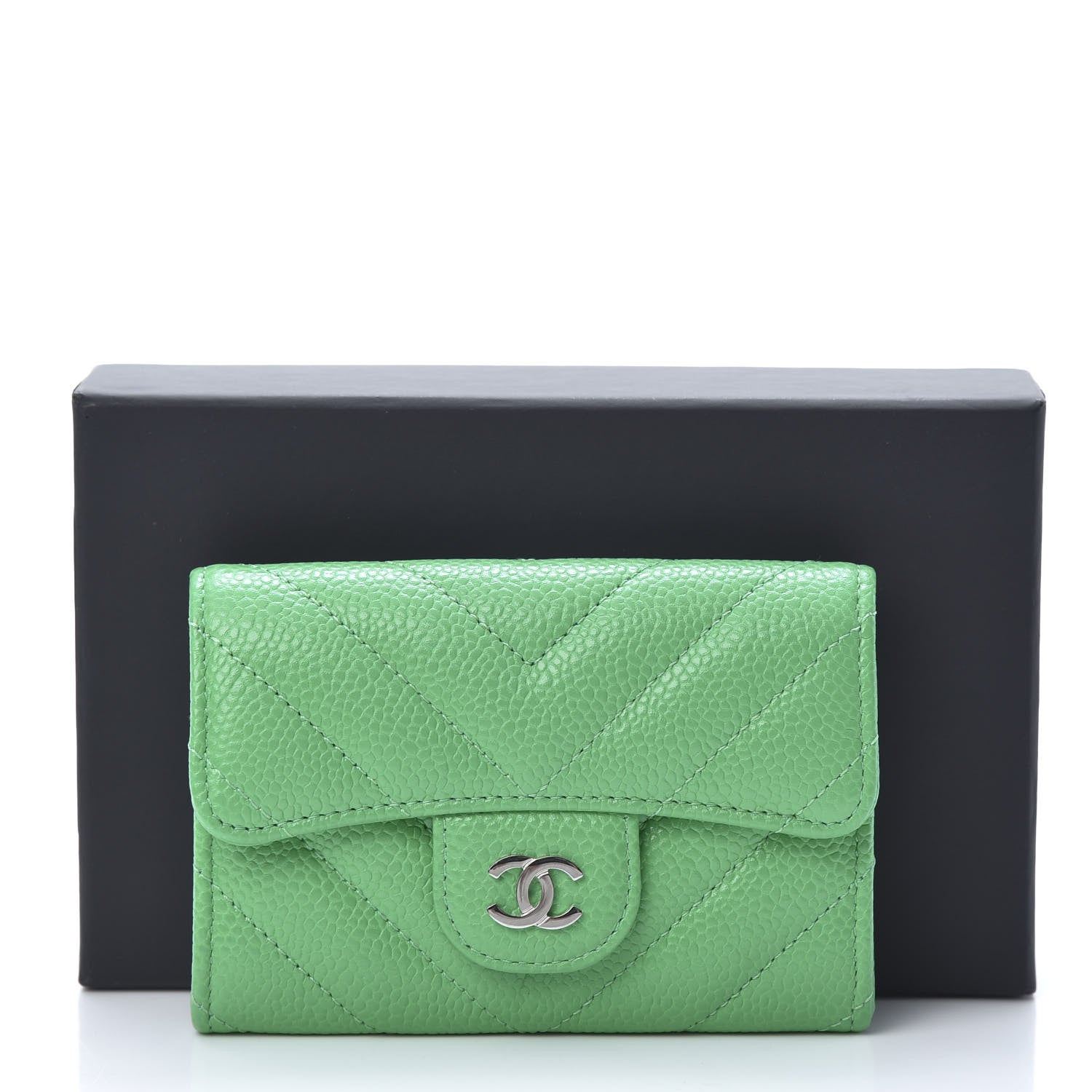 Chanel Caviar Chevron Quilted Flap Card Holder Green 9 of 9