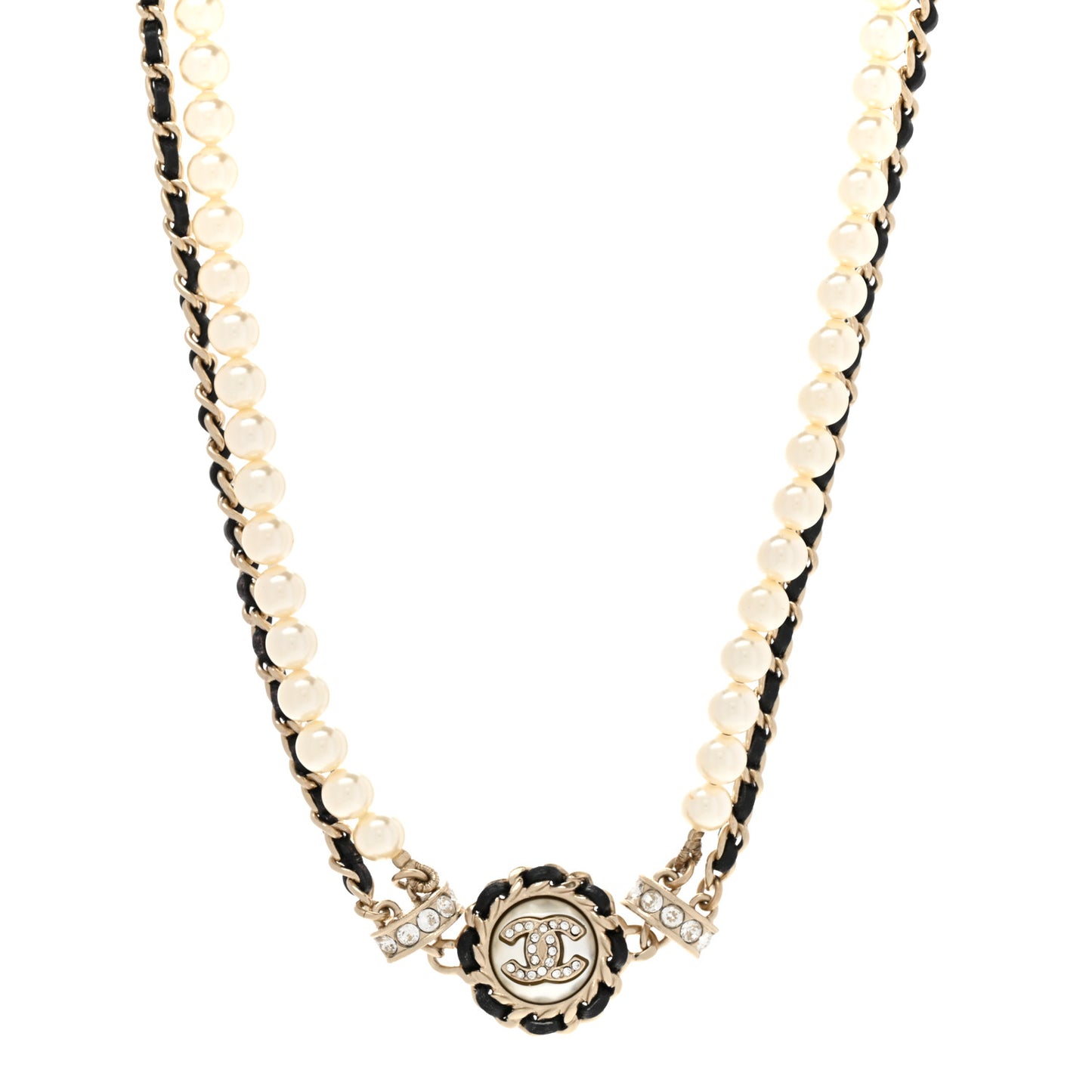 Pearl Crystal Lambskin CC Choker Gold Black