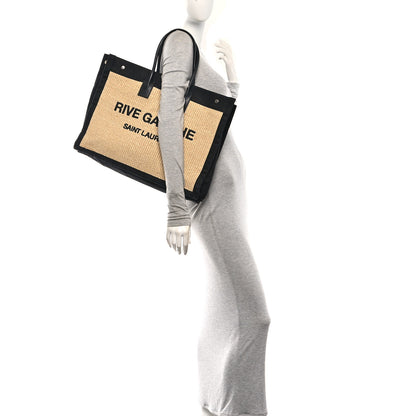 Saint Laurent Raffia Linen Calfskin Rive Gauche Tote Naturale Black 2 of 10
