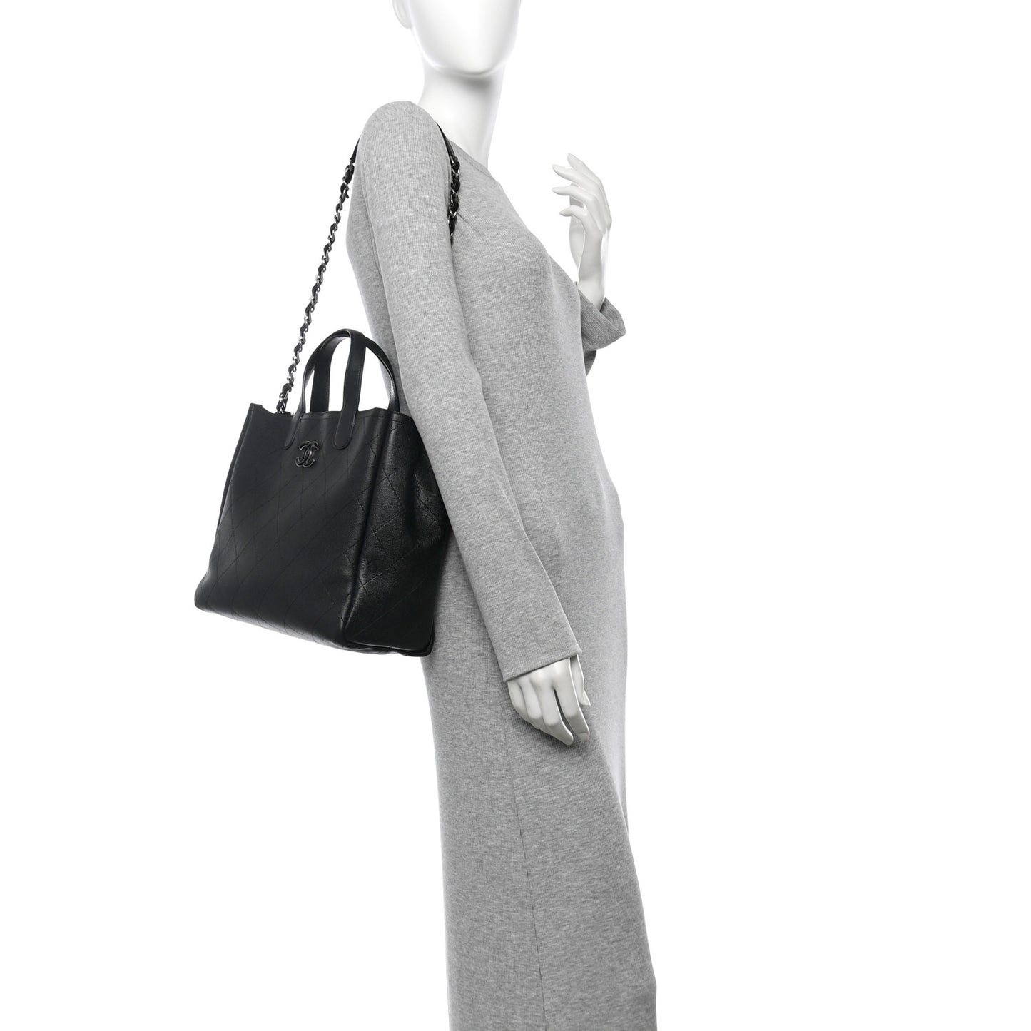Caviar Stitched Medium Lady Coco Shopping Tote Black