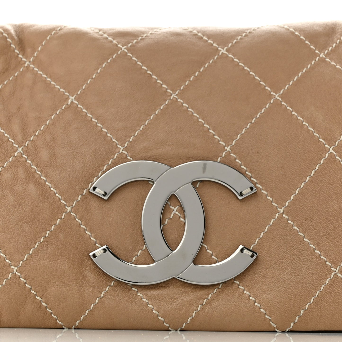 Lambskin Contrast Stitch Surpique Accordion Flap Beige