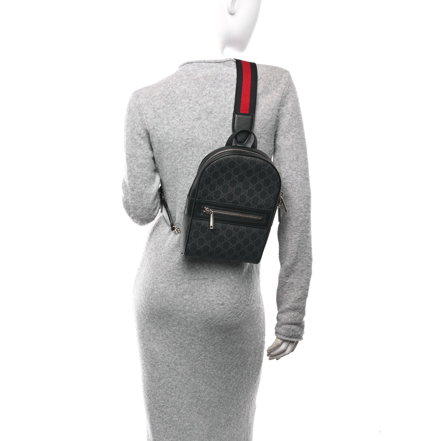 Gucci GG Supreme Monogram Calfskin Web Sling Backpack Black Grey 2 of 10