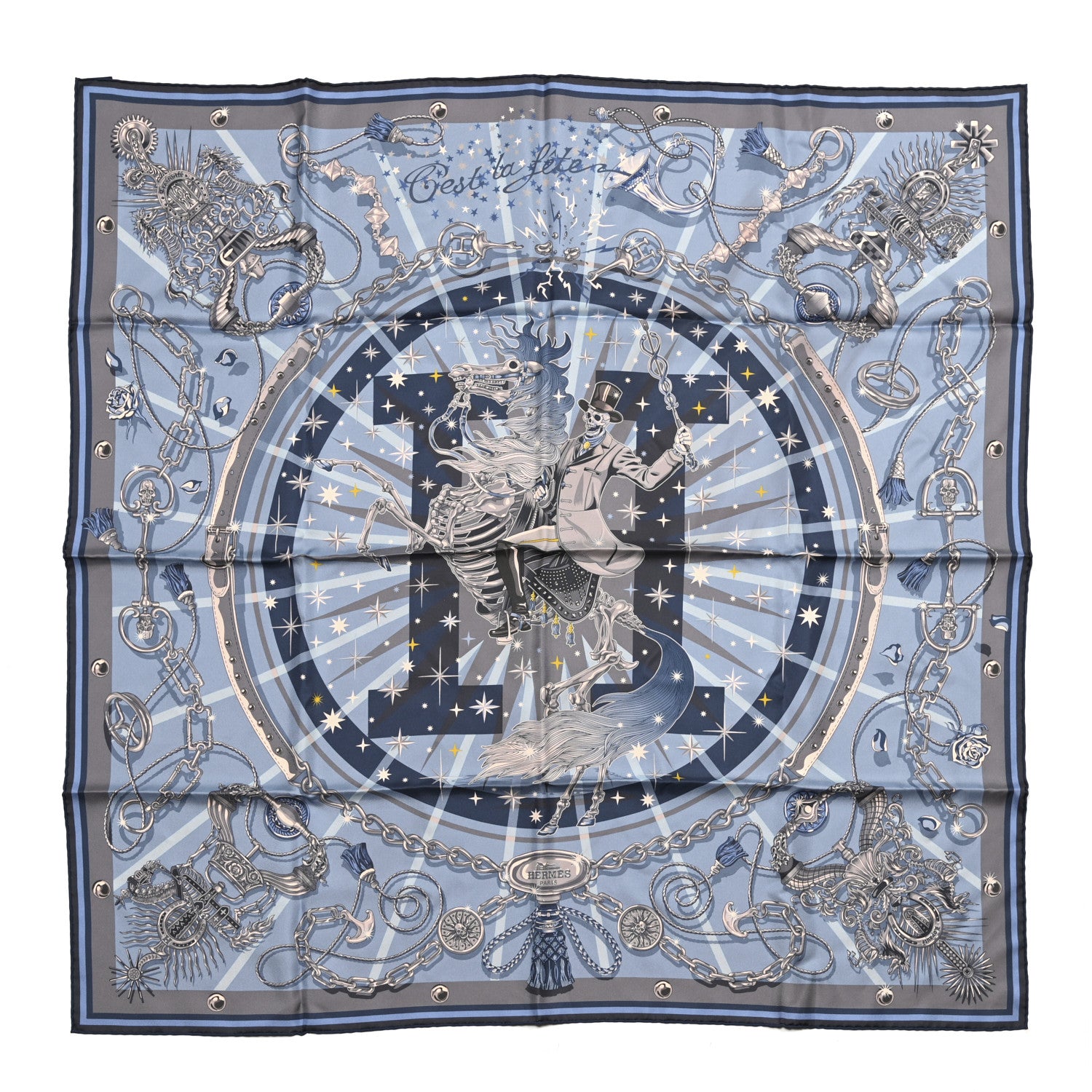 Hermes Silk C'est La Fete Double Face Scarf 90 Ciel Gris Orange 1 of 8