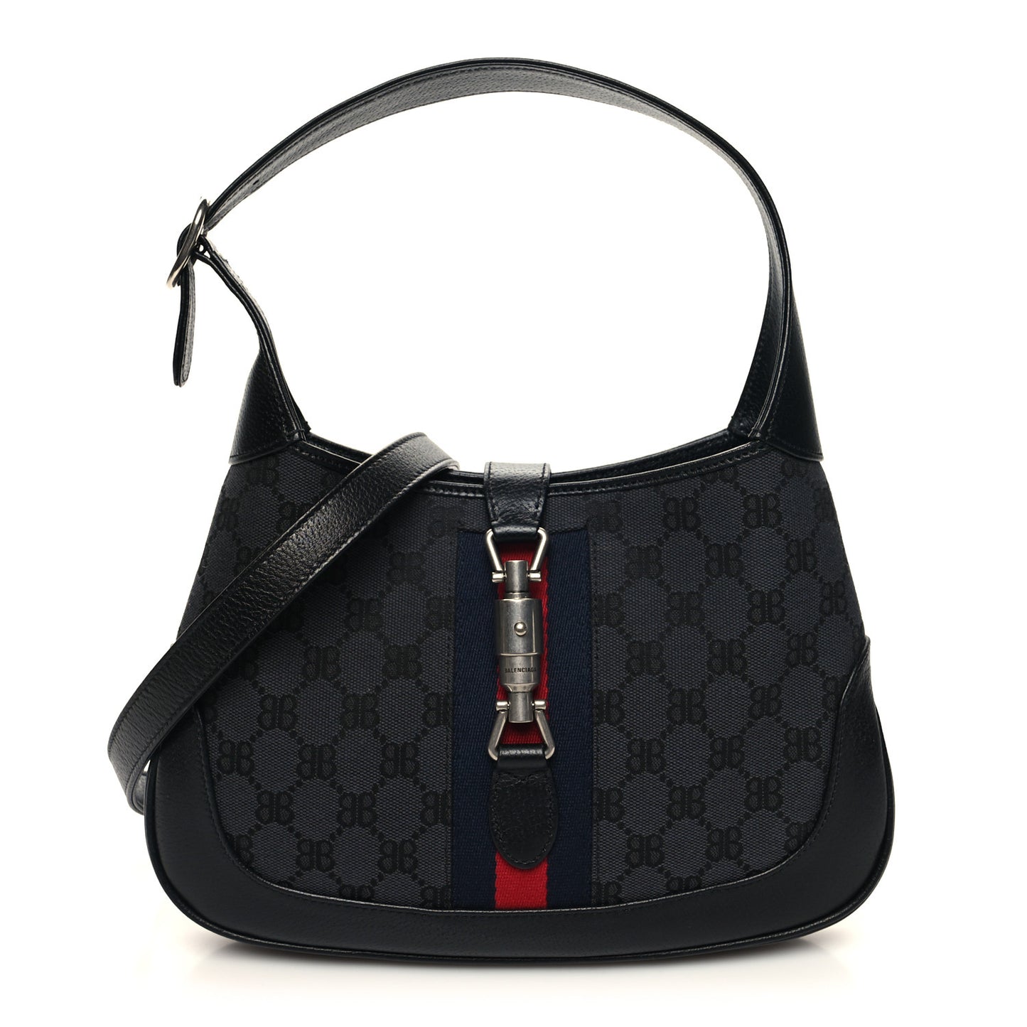 X BALENCIAGA BB Monogram Calfskin Web Small Jackie 1961 Hobo Black