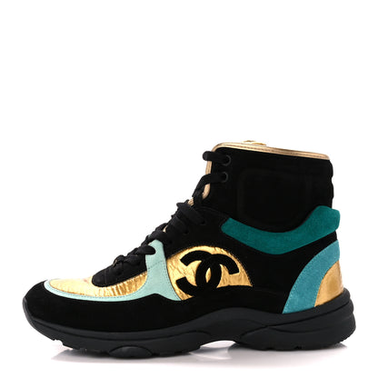 Chanel Suede Calfskin Fabric CC High Top Sneakers 40 Black Turquoise Gold 1 of 9