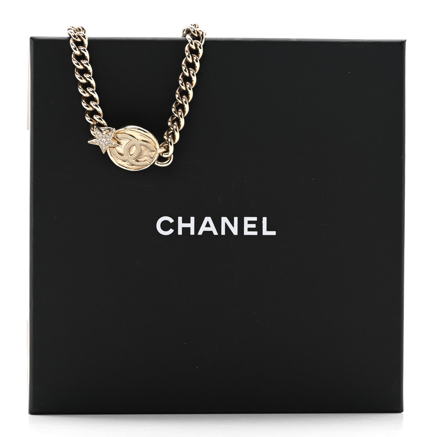 Chanel Metal Crystal Textured CC Star Chain Choker Necklace Gold 6 of 6