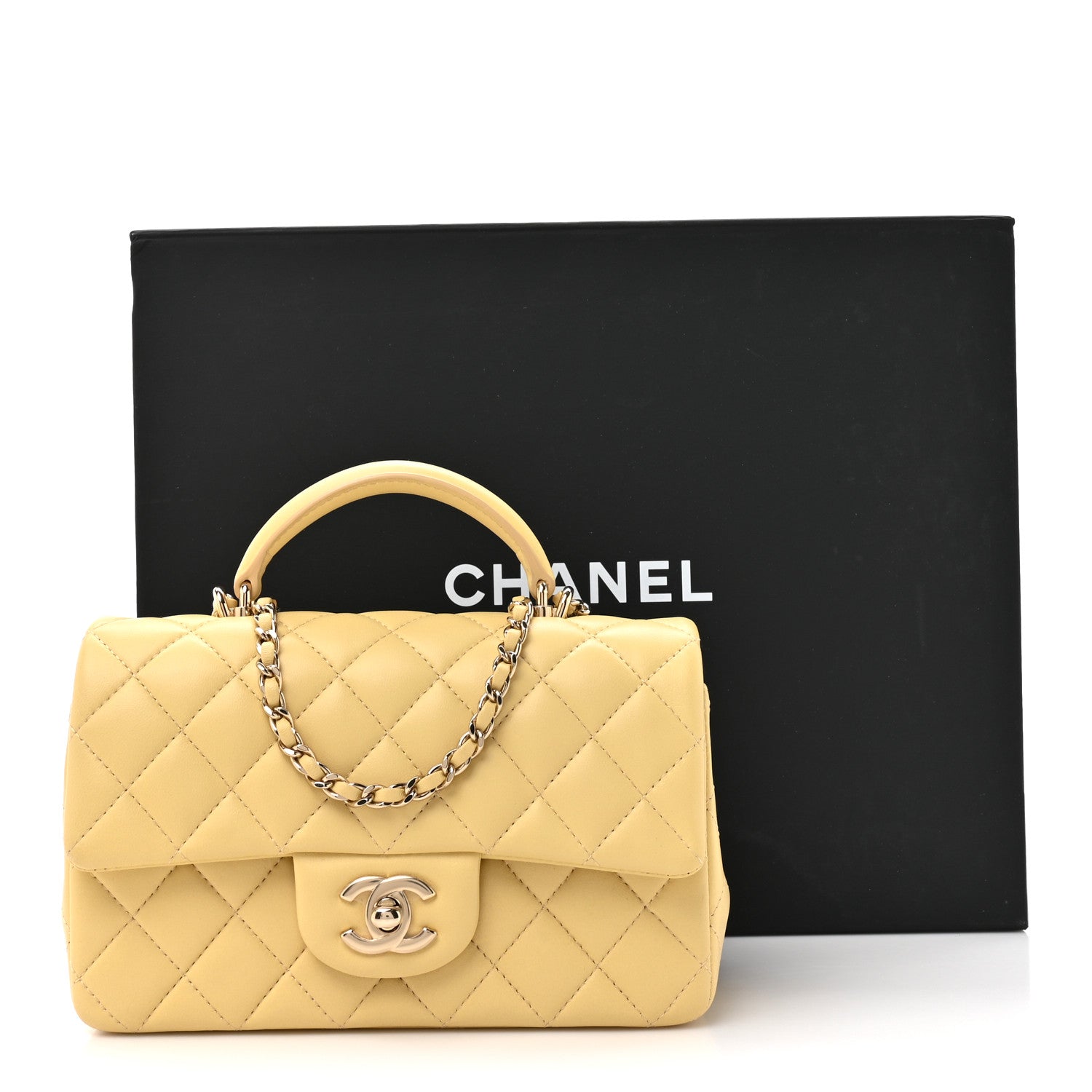 Chanel Lambskin Quilted Mini Top Handle Rectangular Flap Yellow