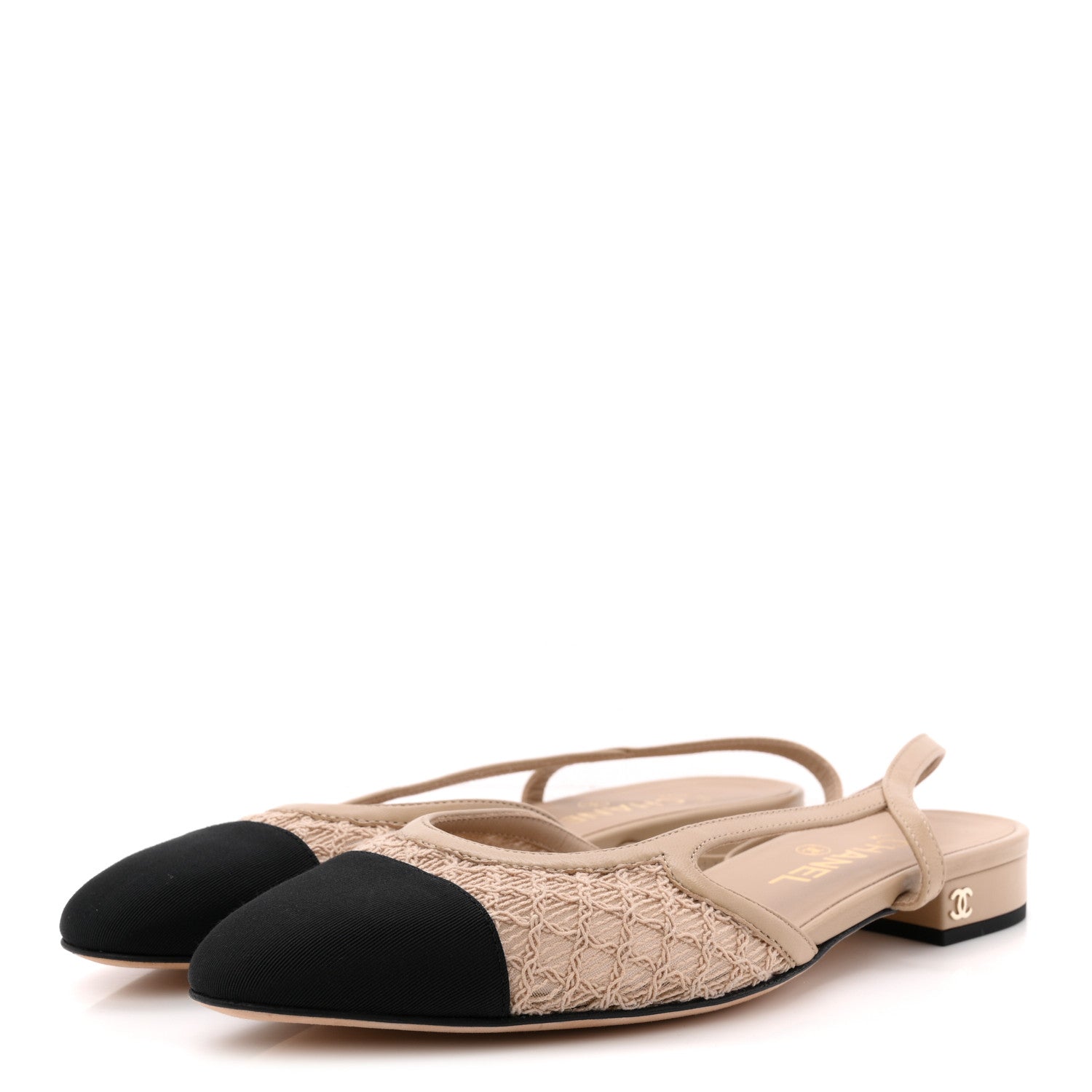 Chanel Embroidery Grosgrain Cap Toe CC Slingback Flats 38.5 Beige Black 4 of 9