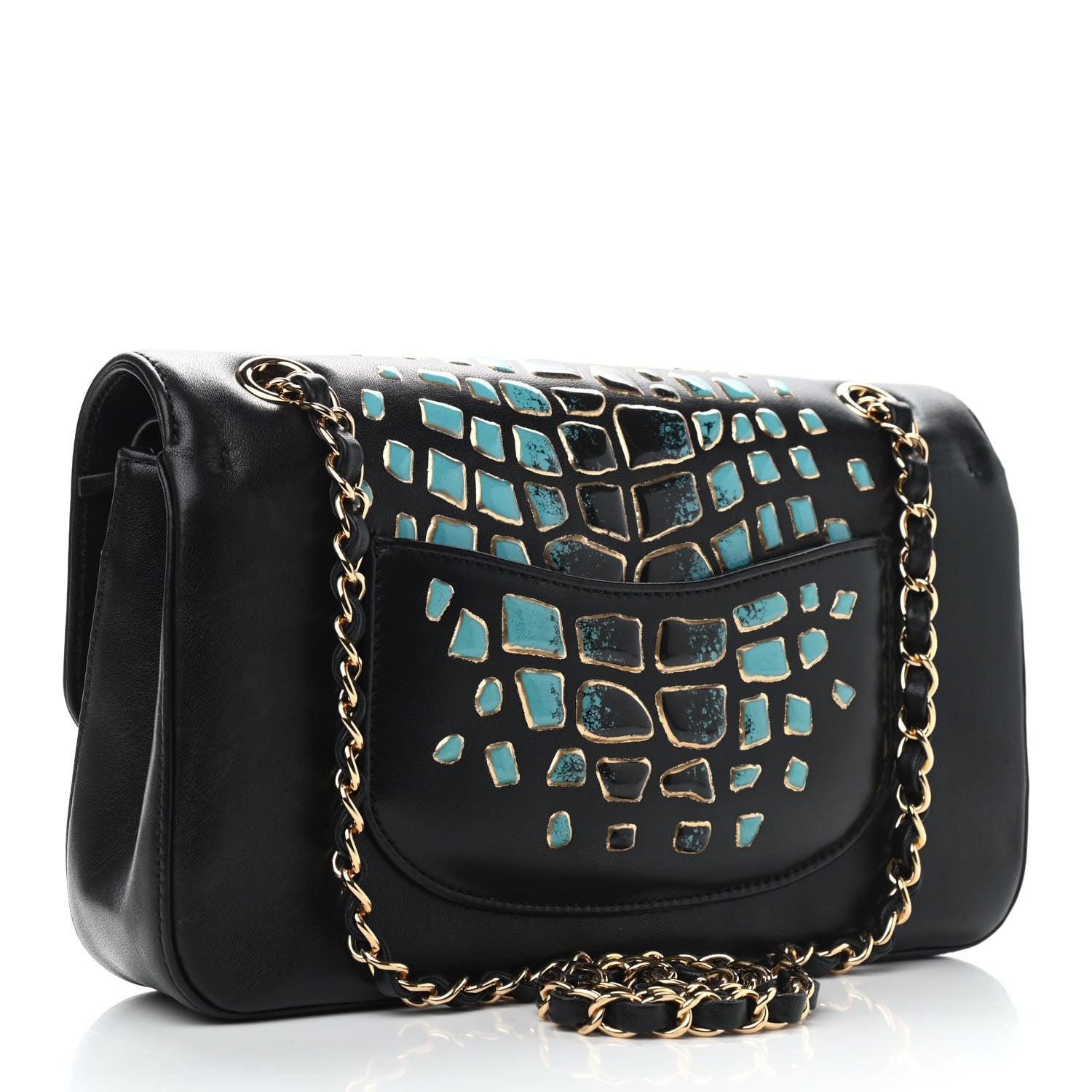 Chanel Lambskin Resin Medium Double Flap Black Turquoise 3 of 13